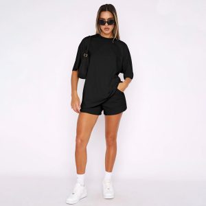 211299 new polyester cotton solid color round neck pullover mid sleeve top European and American women's fashion casual shorts suit summer – Image 9
