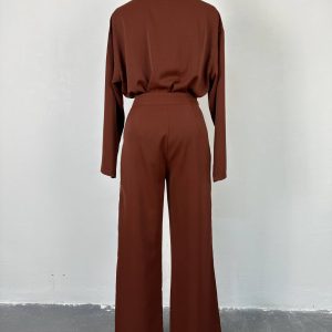 Spot cross-border European and American plus size women's 2025 spring new casual V-neck long sleeve top wide-leg trousers set – Image 5