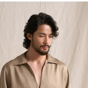 Satin CULTUM Deep V Lapel Gorgeous Heavy Twill Acetate Tencel Linen Shirt Men's Long Sleeve – Image 5
