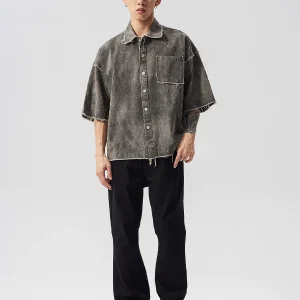 Versatile Pocket, Lapel Button, Cardigan, Short Sleeve, Loose Casual Retro, Distressed Raw Edges, Polo Shirt – Image 3