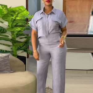 Spot cross-border European and American women's clothing 2025 spring new casual lapel short sleeve shirt wide leg trousers fashion suit – Image 4