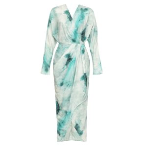 Dress2024 European and American New Simple Retro V-Neck Long Sleeve Side Slit Irregular Dyeed Dress Dress – Image 4
