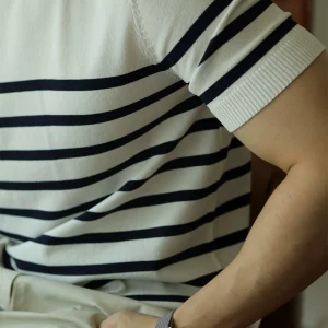 YUXIAN leisure Japanese ELITE ice silk stripe knit short sleeve T-shirt vintage men's casual business spring and summer – Image 4