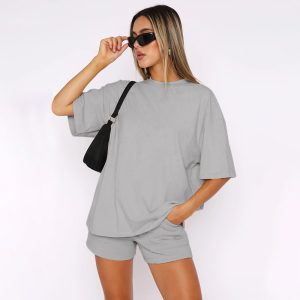 211299 new polyester cotton solid color round neck pullover mid sleeve top European and American women's fashion casual shorts suit summer – Image 5