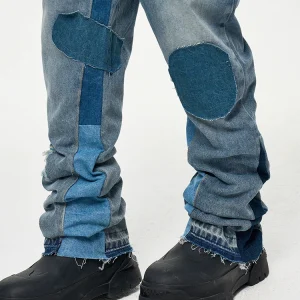 CWHAT High Street Gallery Style Deft Splicing Patch Ripped Trendy Brand Distressed Loose Slightly Flared Jeans Men – Image 3