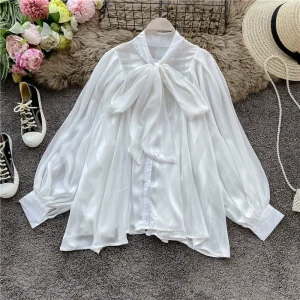 Temperament, celebrity design, niche bow chiffon shirt, women's super fairy balloon sleeves, foreign style, mid-length long-sleeved top – Image 4