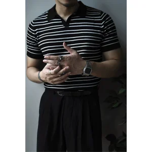 Chaimi Striped Polo Polo Shirt Cotton Men's Knitted Short Sleeve T-Shirt Summer Casual American Retro Ami Khaki – Image 3