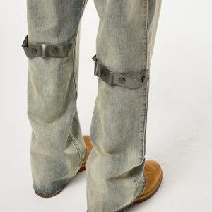CWHAT high street detachable leather chain tie yellow wash distressed casual relaxed straight-leg raw-hem jeans – Image 5