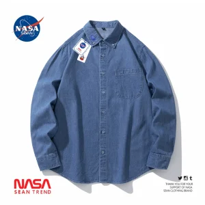 NASA co-branded Japanese retro solid color long-sleeved denim shirt, men's spring trendy casual versatile shirt jacket