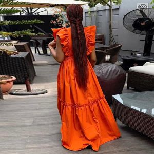 European and American cross-border women's clothing 2024 summer new temperament ruffled short sleeve round neck waist long swing dress – Image 3
