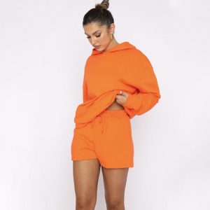 European and American Solid Color Pullover Hooded Long Sleeve Sweatshirt Women's Fashion Casual Shorts Set – Image 3