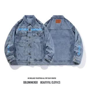 Monogram print denim jacket men's spring and autumn fashion brand loose and versatile casual design sense niche couple cargo jacket – Image 3
