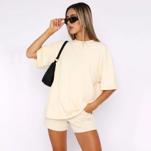 211299 new polyester cotton solid color round neck pullover mid sleeve top European and American women's fashion casual shorts suit summer – Image 3