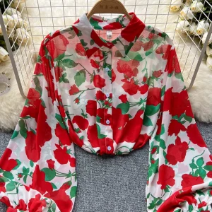 Spring/Summer New Long-sleeved French Retro Top Women's Slim Loose Polo Collar-Sleeve Floral Thin Shirt – Image 3
