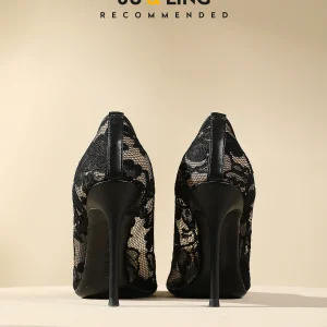 Black lace high heels with cheongsam women's 2024 new spring sexy openwork air quality goddess fan pointed toe single shoes – Image 5