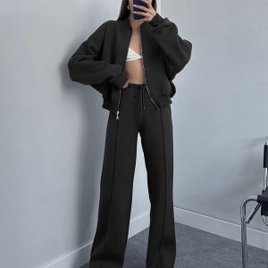 Cross-border European and American solid color zipper cardigan sweatshirt women's fashion casual straight pants set – Image 6