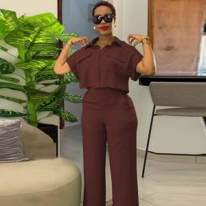 Spot cross-border European and American women's clothing 2025 spring new casual lapel short sleeve shirt wide leg trousers fashion suit – Image 3