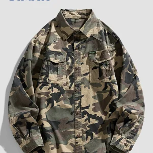 Wassup Shark American Vintage Camouflage Cargo Shirt Men's Spring & Autumn Work Long Sleeve Rollover Jacket – Image 3