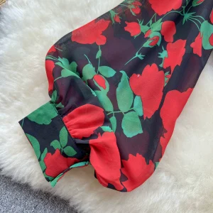 Spring/Summer New Long-sleeved French Retro Top Women's Slim Loose Polo Collar-Sleeve Floral Thin Shirt – Image 6