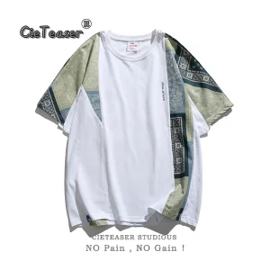 CieTeaser American tide brand retro ethnic style cashew flower stitching summer round neck short-sleeved t-shirt loose tee – Image 3