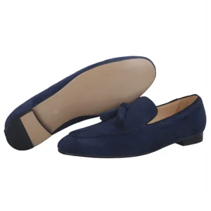 Exported to Europe and the United States dark blue cow suede nubuck leather men's slip-on loafers classic tassel smoking shoes men – Image 3