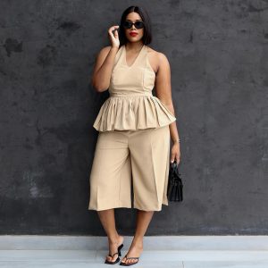 European and American women's 2025 spring temperament elegant V-neck ruffle hem shirt high-waisted straight pants two-piece set – Image 3