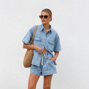 Cross-border 2025 summer European and American foreign trade women's casual loose pocket short-sleeved shirt denim two-piece suit 8961 – Image 3