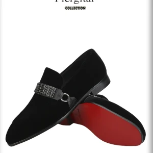 Breathable leather lining imported velvet loafers handmade cross-strap rhinestones square head red bottom one pedal smoking shoes men – Image 3