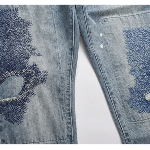 CWHAT high street TRAVIS SCOTT style embroidered burnt flower tide brand destruction loose small straight jeans men – Image 5