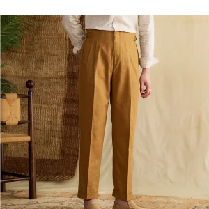 Mr. Lusan summer gentleman Hollywood high-waisted straight pants cotton + 50% hemp breathable adjustment buckle casual pants men – Image 5