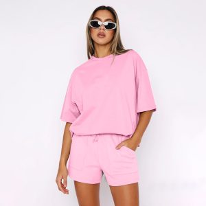 211299 new polyester cotton solid color round neck pullover mid sleeve top European and American women's fashion casual shorts suit summer – Image 6