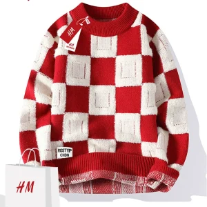 Fashion item treasure wear out of the high-quality plaid crew neck knit sweater men – Image 3