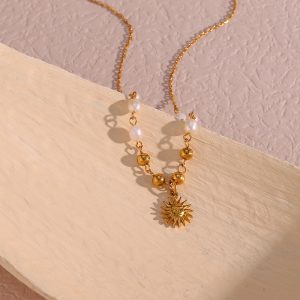 European and American ins fashion simple personality pendant jewelry freshwater pearl gold bead chain sun pendant necklace – Image 4
