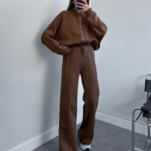 Cross-border European and American solid color zipper cardigan sweatshirt women's fashion casual straight pants set – Image 5
