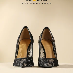 Black lace high heels with cheongsam women's 2024 new spring sexy openwork air quality goddess fan pointed toe single shoes – Image 4