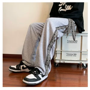 Men's and women's large size casual sports pants loose straight mopping personality side geometric striped webbing long trousers trendy – Image 4