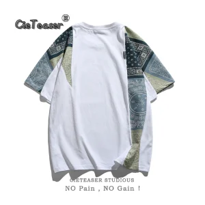 CieTeaser American tide brand retro ethnic style cashew flower stitching summer round neck short-sleeved t-shirt loose tee – Image 4