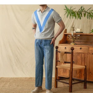 Mr. Lusan's pure cotton high-end V-neck casual color-blocked knit short-sleeved polo shirt men's breathable commuting Italian lapels – Image 5