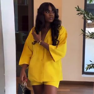 Amazon cross-border foreign trade new African women's fashion casual European and American long-sleeved cardigan jacket shorts two-piece set – Image 3