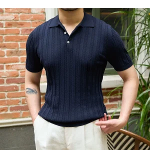Mr. Lusan jacquard herringbone lapel polo shirt casual retro slim short sleeve knit versatile t-shirt men – Image 3