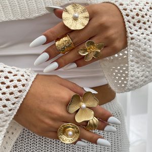 European and American cross-border fashion ins style inlaid imitation pearl flower ring ring simple liquid metal pleated ring – Image 3