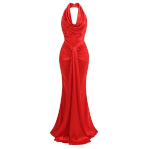 New Red Halterneck V-Neck Sexy Open Back Casual Long Skirt Evening Dress Toast Dress Dress Party Wedding – Image 4