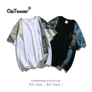CieTeaser American tide brand retro ethnic style cashew flower stitching summer round neck short-sleeved t-shirt loose tee – Image 5