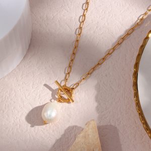 European and American ins fashion and versatile pendant jewelry women's stainless steel baroque freshwater pearl paper clip chain necklace – Image 3