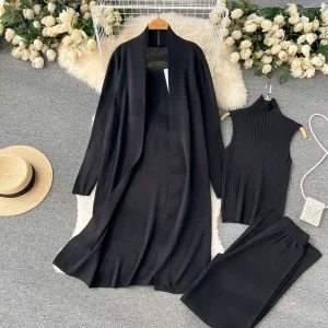 Fall new lazy loose knitted suit women's long shawl cardigan + turtleneck sweater + wide leg pants three-piece set – Image 4