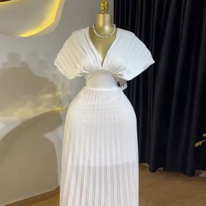 European and American women's clothing 2025 spring new temperament, elegant pressed pleated V-neck, bat-sleeved high-waisted A-line dress, long skirt – Image 3