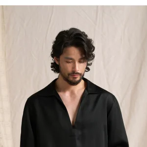 Satin CULTUM Deep V Lapel Gorgeous Heavy Twill Acetate Tencel Linen Shirt Men's Long Sleeve – Image 3