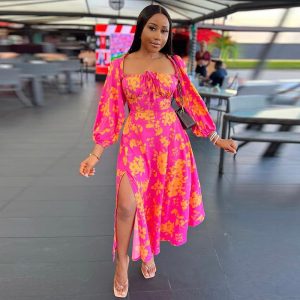 European and American cross-border women's clothing 2024 spring new small fresh sweet square neckline tie waist slit long-sleeved dress – Image 3