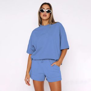 211299 new polyester cotton solid color round neck pullover mid sleeve top European and American women's fashion casual shorts suit summer – Image 8