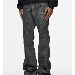 CWHAT American High Street RO Style Retro Wash, Distressed Glitter Coated Rubber, Micro Flare Jeans, Men's Wix Pants